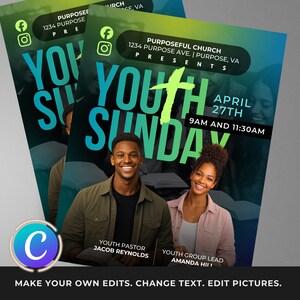 Puede incluir: Dos folletos con un fondo degradado verde y azul verdoso. Los folletos anuncian un evento "Youth Sunday" el 27 de abril a las 9 AM y las 11:30 AM. Los folletos presentan a un hombre y una mujer sonrientes. El texto incluye "Purposeful Church" e iconos de redes sociales.