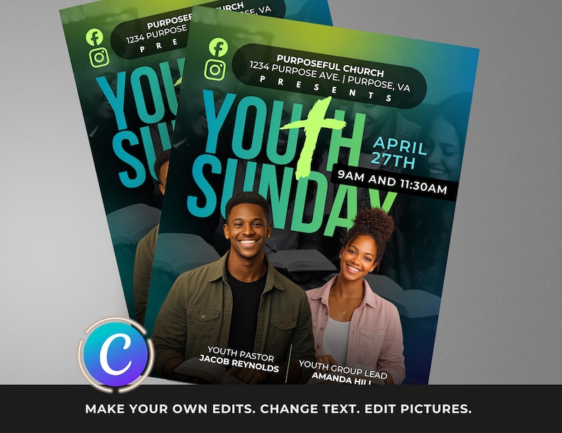 Puede incluir: Dos folletos con un fondo degradado verde y azul verdoso. Los folletos anuncian un evento "Youth Sunday" el 27 de abril a las 9 AM y las 11:30 AM. Los folletos presentan a un hombre y una mujer sonrientes. El texto incluye "Purposeful Church" e iconos de redes sociales.