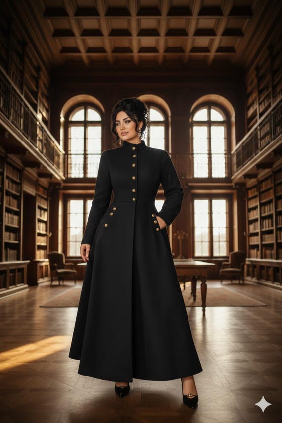 black fitted coat dress Women's Black Long Coat Formal Dress, Elegant Double Breasted Coat for Office and Events 36