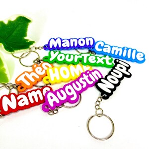 May include: A collection of colorful keychains with various names and the text "Your Text" in white. The keychains are in red, orange, yellow, green, blue, purple, and black. Each keychain has a silver keyring attached.