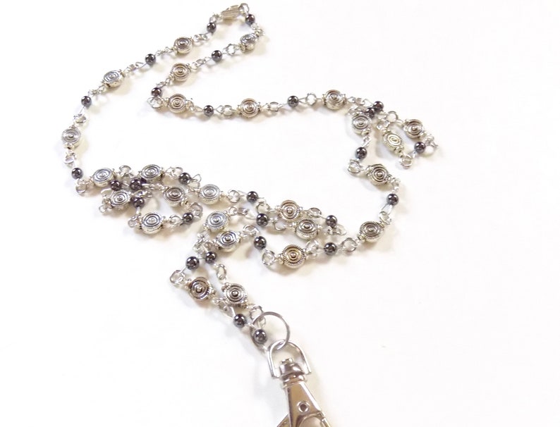 Silver Beaded Lanyard Textured Silver Round Bead With Black Etsy