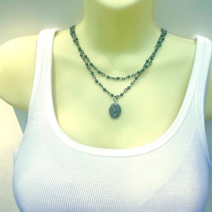 Double Beaded Hematite Chain with Black Filigree Locket - Gunmetal Black Engraved Working Locket on Black Hematite Double Choker Chain