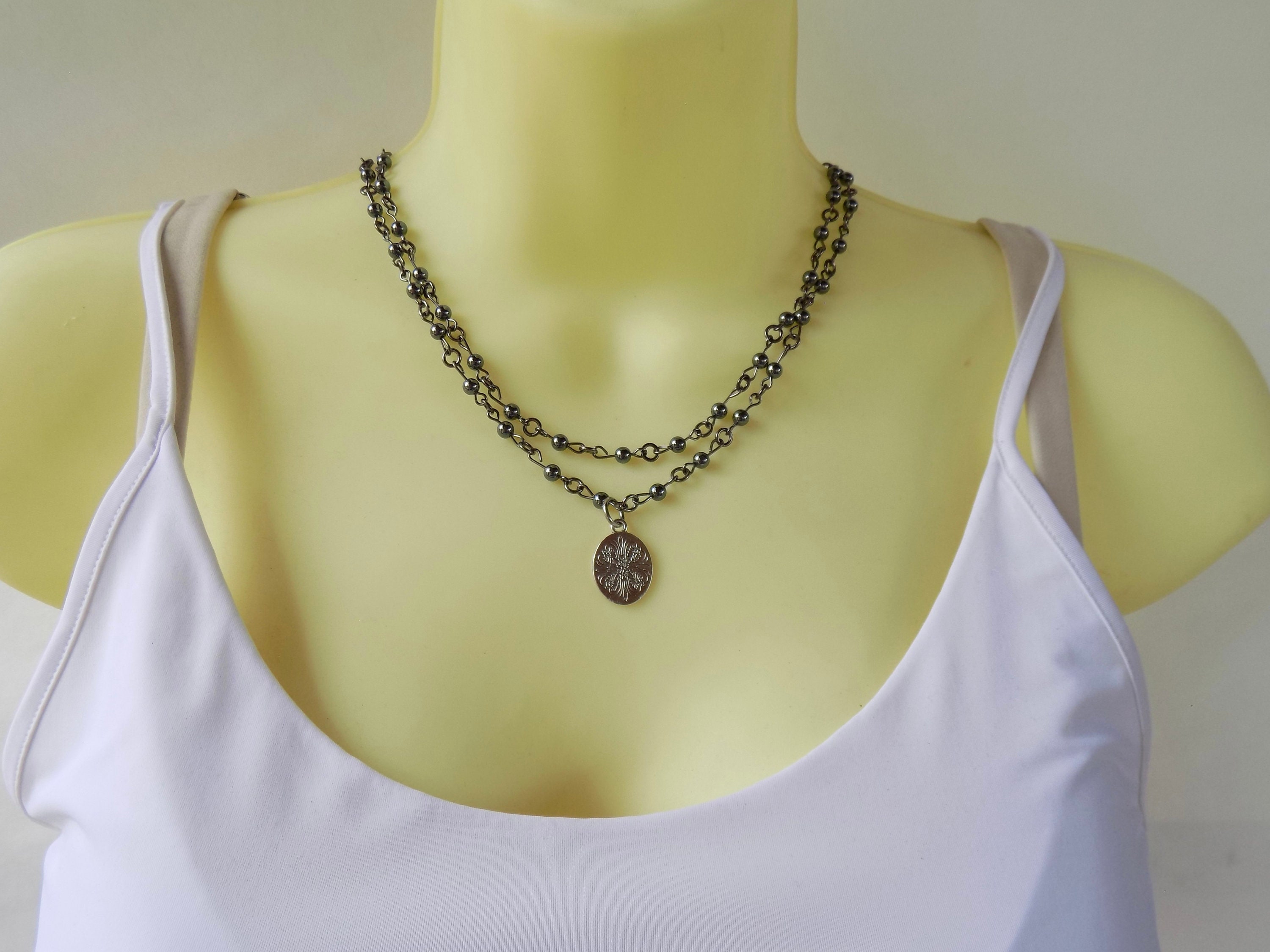 Double Strand Beaded Etched Pendant Necklace - Stylish Goth Double Chain Black Beaded Choker