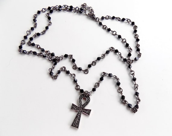 Rosary Style Double Strand Beaded Egyptian Ankh Necklace - Stylish