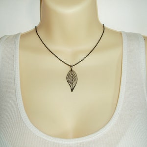 Black Leaf Pendant - Simple Pendant Necklace with Delicate Matte Black Leaf Pendant on Choker Chain