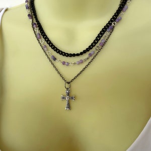 Purple Beaded Black Chain Cross Rosary Style Multiple Strand Beaded Necklace - Stylish Goth  Agate Purple Beaded Christian Choker