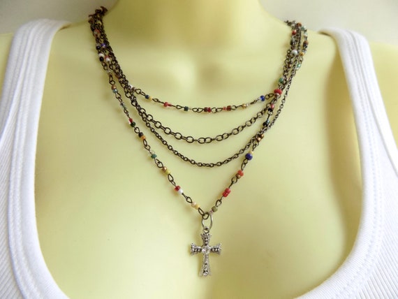 Set Di 3 Collane Gotiche Vintage Per Donna - Rosario Con Perline Nere, Croce Semplice E Ciondolo Esagonale, Stile Anni '80 - 2
