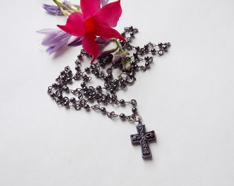 Rosary Style Double Strand Beaded Cross Necklace - Stylish Goth Double Chain Christian Choker
