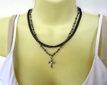 Rosary Style Double Strand Beaded and Chain Cross Necklace - Stylish Goth Double Chain Black Beaded Christian Choker