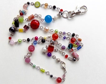 Fun Very Colorful Beaded ID Lanyard - Beaded Rainbow Pretty ID Badge Lanyard - Great Teacher Lanyard