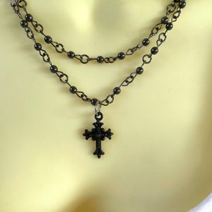 Rosary Style Double Strand Beaded Cross Necklace - Stylish Goth Double Chain Black Beaded Christian Choker