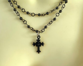 Rosary Style Double Strand Beaded Cross Necklace - Stylish Goth Double Chain Black Beaded Christian Choker