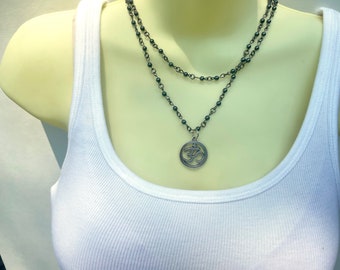 Om Double Strand Beaded Cross Necklace - Stylish Goth Double Chain Black Beaded Buddhist Hindu Choker