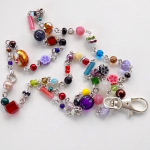 One of a Kind Colorful Beaded Lanyard - Multicolored Rainbow of Beads in Many Colors and Shapes on Interesting ID Badge Lanyard