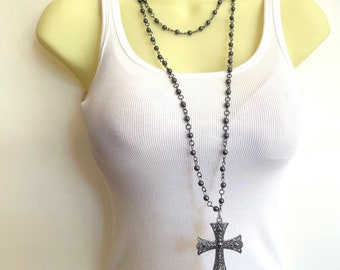 Beaded Cross Pendant Necklace - Double Strand Black Rosary Style Black Beaded Cross Chain Necklace