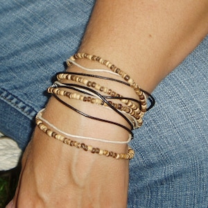 Leather, Hemp and Wood Beaded Wrap Bracelet - Brown Bead and Black Leather Multiple Wrap Leather and Chain Bracelet