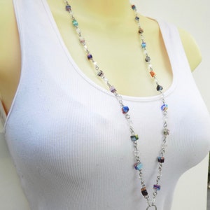 Colorful Beaded Lanyard - Millefiori Flowered Cube Beads in Silver Findings on ID Badge Holder Lanyard with Large Lobster Clasp