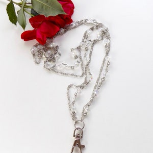 Pretty Crystal Beaded ID Lanyard - Silver Chain and Faceted Rondelle Bead Badge ID Lanyard - Great Teacher Gift for Woman