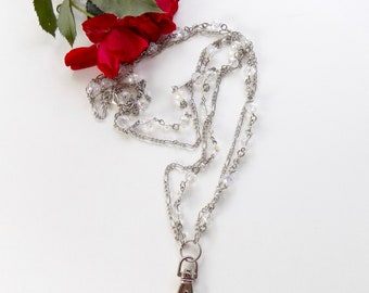 Pretty Crystal Beaded ID Lanyard - Silver Chain and Faceted Rondelle Bead Badge ID Lanyard - Great Teacher Gift for Woman