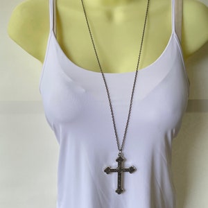 Cross Pendant Long Chain Necklace - Heavy Goth Gothic Cross Pendant on Long Gunmetal Chain