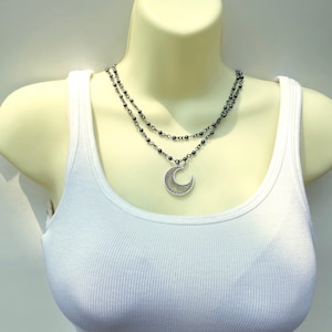 Double Strand Beaded Crescent Moon Necklace - Stylish Goth Double Chain Black Beaded Choker