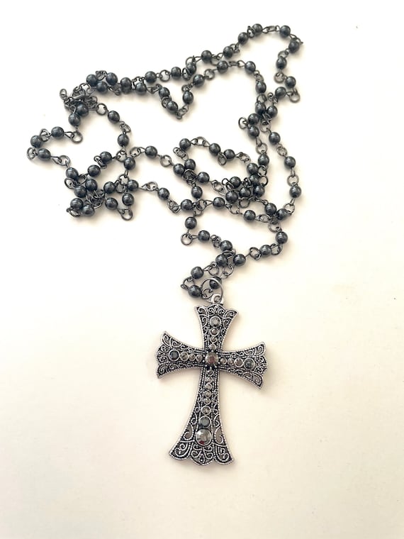 Cross and Wings Necklace Black bead 199 - georgenenovak