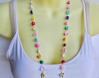 Colorful and Fun Beaded Lanyard - Polymer Clay Multicolored Long Beaded ID Badge Lanyard