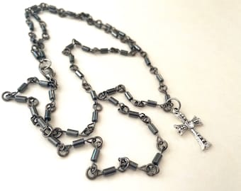 Rosary Style Double Strand Beaded Cross Necklace - Stylish Goth Double Chain Black Beaded Christian Choker
