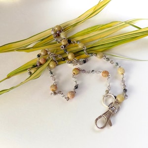Natural Stone Beaded ID Lanyard - Pretty Earthy Carved Bead Badge ID Lanyard- Great Gift for Teacher or Coworker