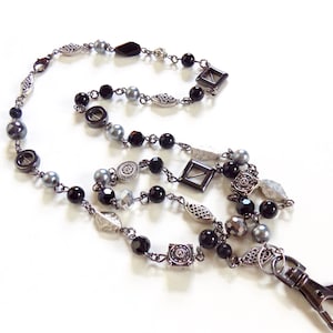 Fancy Black and Silver Beaded Lanyard - Gorgeous and Feminine Beaded ID Badge Holder Large Lobster Clasp Lanyard - Great Teacher Gift