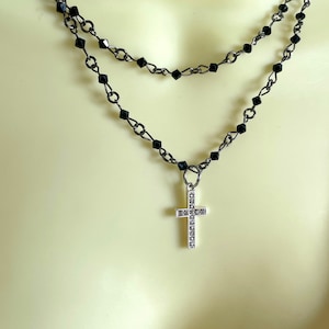 Rosary Style Double Strand Beaded Cross Necklace - Stylish Goth Double Chain Black Beaded Christian Choker