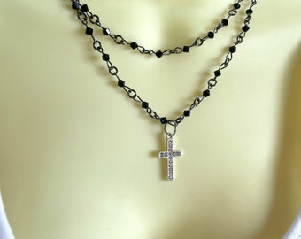 Rosary Style Double Strand Beaded Cross Necklace Stylish Goth Double ...