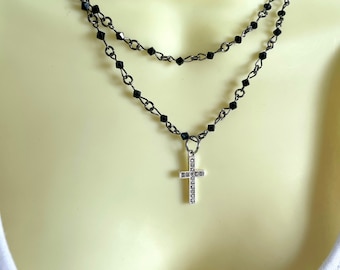 Rosary Style Double Strand Beaded Cross Necklace Stylish Goth