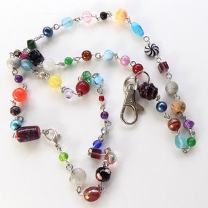 Multicolored And One of a Kind Beaded Lanyard - Colorful Beads in Many Colors and Shapes on Interesting ID Badge Lanyard