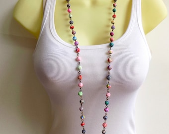 Colorful and Fun Beaded Necklace - Polymer Clay Multicolored Long Beaded Necklace - Single or Double Strand