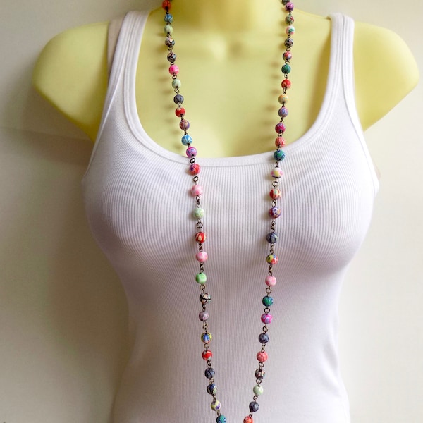 Colorful and Fun Beaded Necklace - Polymer Clay Multicolored Long Beaded Necklace - Single or Double Strand