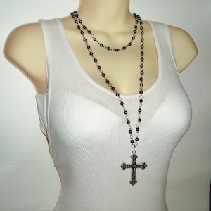 Beaded Cross Pendant Necklace - Double Strand Black Rosary Style Black Beaded Cross Chain Necklace