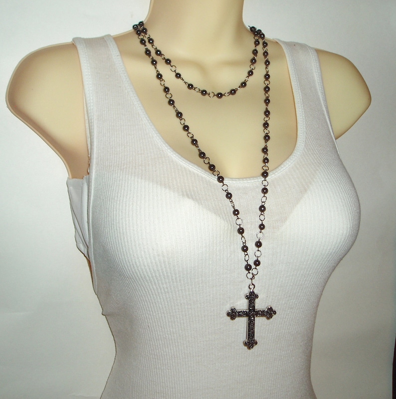 Double Strand Black Rosary Style Black Beaded Cross Chain Necklace Beaded Cross Pendant Necklace