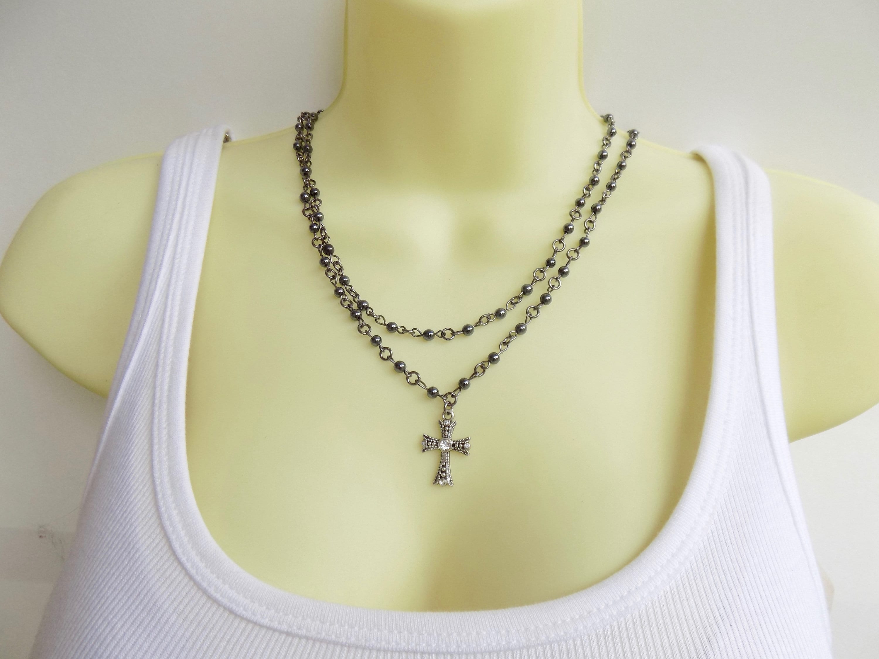 Rosary Style Double Strand Beaded Cross Necklace - Stylish