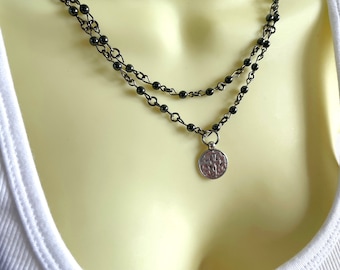 Double Strand Beaded Cross  Medallion Necklace - Stylish Goth Double Chain Black Beaded Rosary Inspired Christian Choker