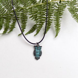 Patina Owl Pendant - Antiqued, Patina Solid Owl Pendant on Leather Choker Necklace