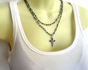 Rosary Style Double Strand Beaded Cross Necklace - Stylish Goth Double Chain Black Beaded Christian Choker