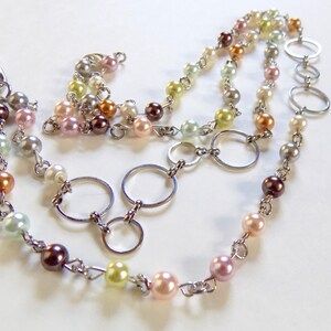 Pretty Pearl and Chain Beaded Lanyard - Shell and Pastel Colored Pearls Bead with Silver Tone Chain ID Badge Teacher Lanyard