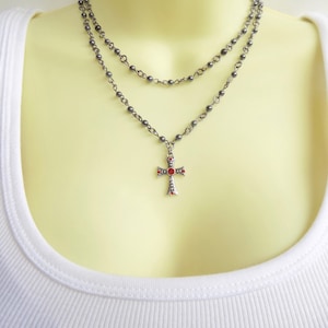 Rosary Style Double Strand Beaded Cross Necklace - Stylish Goth Double Chain Black Beaded Christian Choker