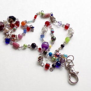 Multicolored And Fun Beaded Lanyard - Colorful Beads in Many Colors and Shapes on Interesting ID Badge Lanyard
