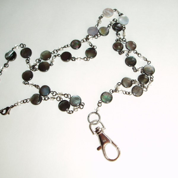 Beaded Lanyard - Black and Silver Shell Beaded Fancy ID Badge Holder For Women