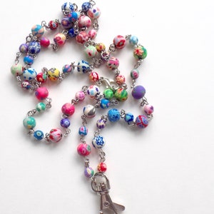 Colorful and Fun Beaded ID Lanyard - Polymer Clay Multicolored Long Beaded ID Badge Lanyard
