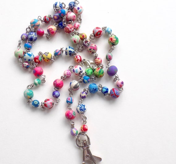 Colorful and Fun Beaded ID Lanyard - Polymer Clay Multicolored Long Beaded ID Badge Lanyard