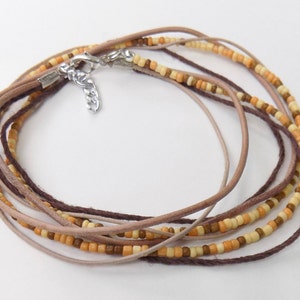 Boho Leather, Hemp and Beaded Wrap Bracelet - Natural Beachy Brown Bead and Earthy Hemp Cord Multiple Wrap Bracelet