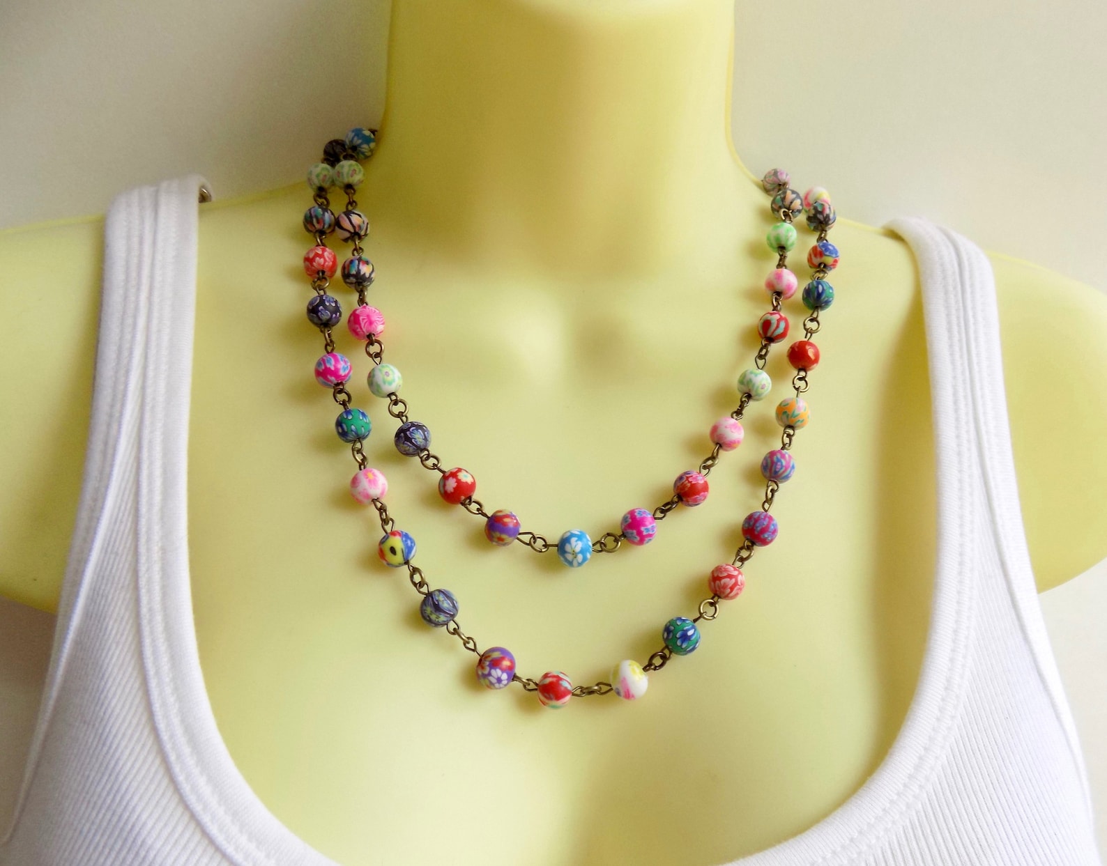 Colorful and Fun Beaded Necklace - Polymer Clay Multicolored Long